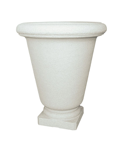 Classic Bell Urn, front view showing great texture in the plant pot similar to that of concrete. Beautiful upside-down bell shape and rounded rim. Natural sandstone colour. Florastyle by Hingham.