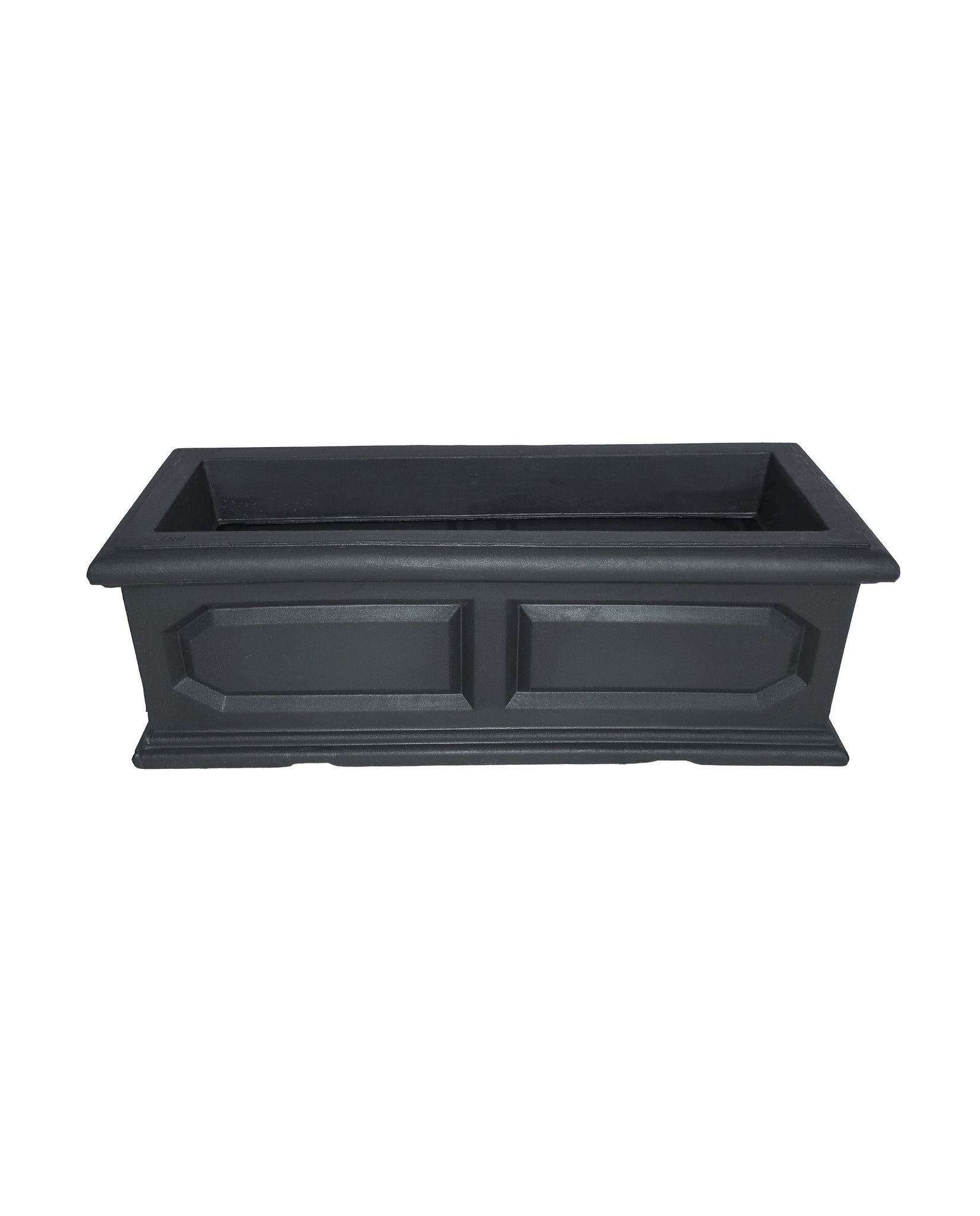Slight angled view of the classic versailles window box with the rectangular shape and classic style. colour lead (black)
