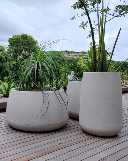 Set of 3 Bios planters, low, medium and tall, all with plants planted in them on the deck in a beautiful  home setting. Colour Sandstone. Orders at Florastyle by Hingham. Textured finish.