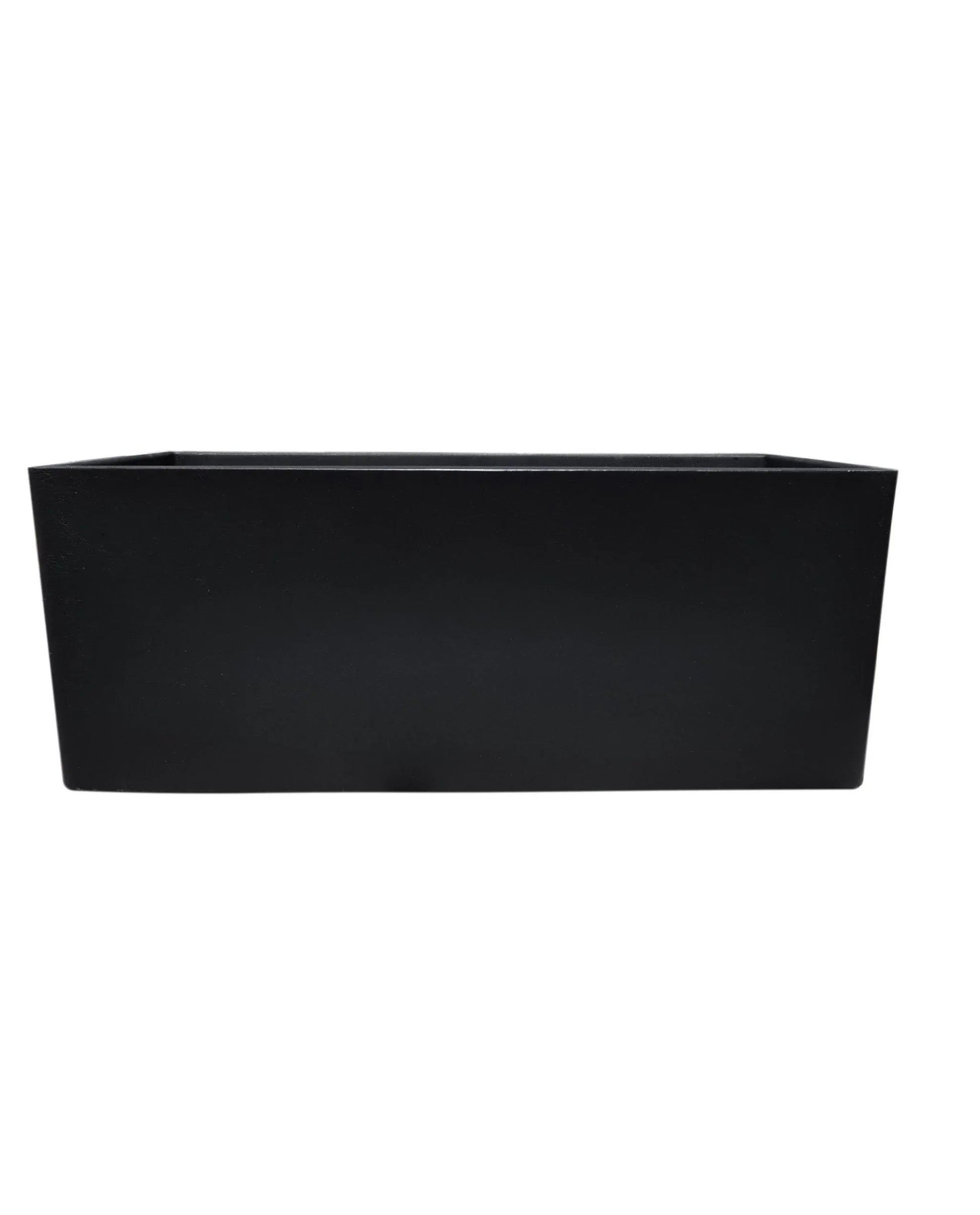 The Flat Japi Window Box - Double Walled by Florastyle By Hingham is a lightweight, rectangular black planter with smooth sides, shown against a white background.
