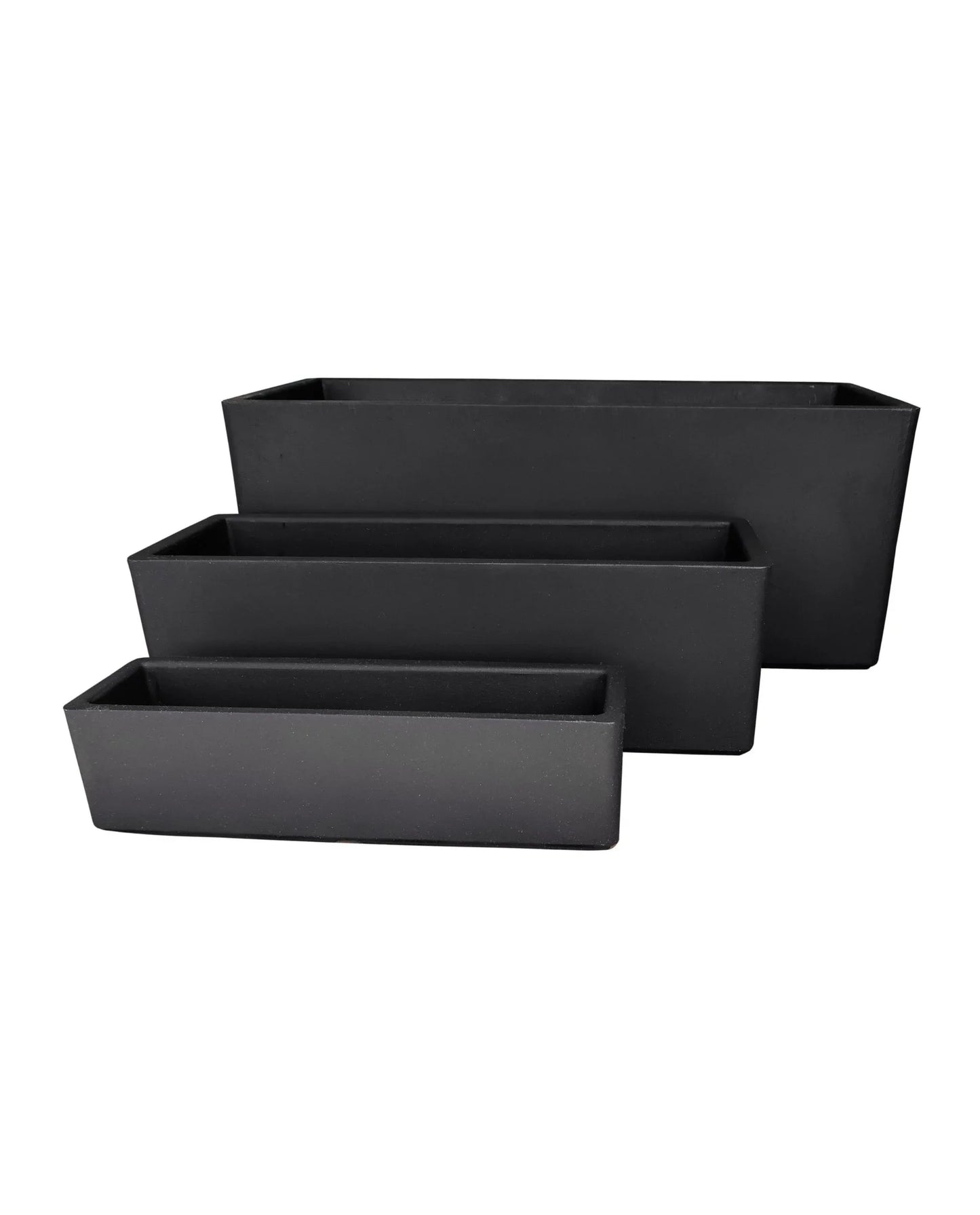Three black Flat Japi Window Box - Double Walled planters by Florastyle By Hingham, in varying sizes, are stacked in a staggered arrangement with the smallest in front and largest at the back, against a plain white background.