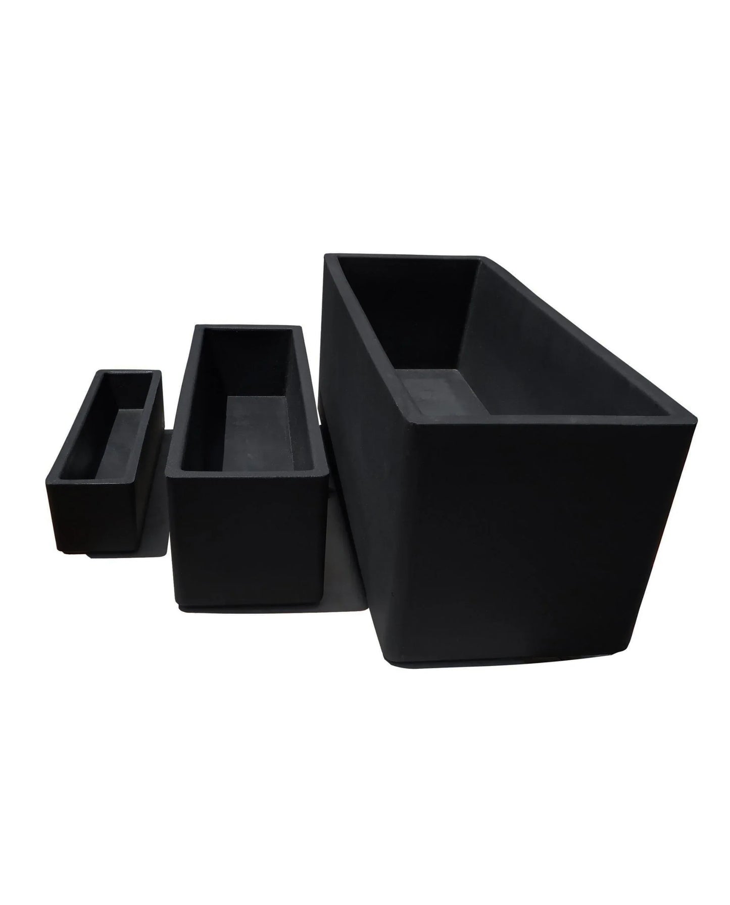 Three Flat Japi Window Box - Double Walled planters by Florastyle By Hingham, in three sizes, are arranged left to right from smallest to largest. All are lightweight, black, rectangular, and displayed against a white background.