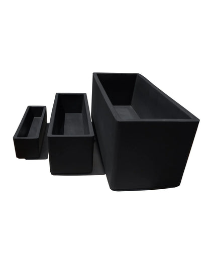 Three Flat Japi Window Box - Double Walled planters by Florastyle By Hingham, in three sizes, are arranged left to right from smallest to largest. All are lightweight, black, rectangular, and displayed against a white background.