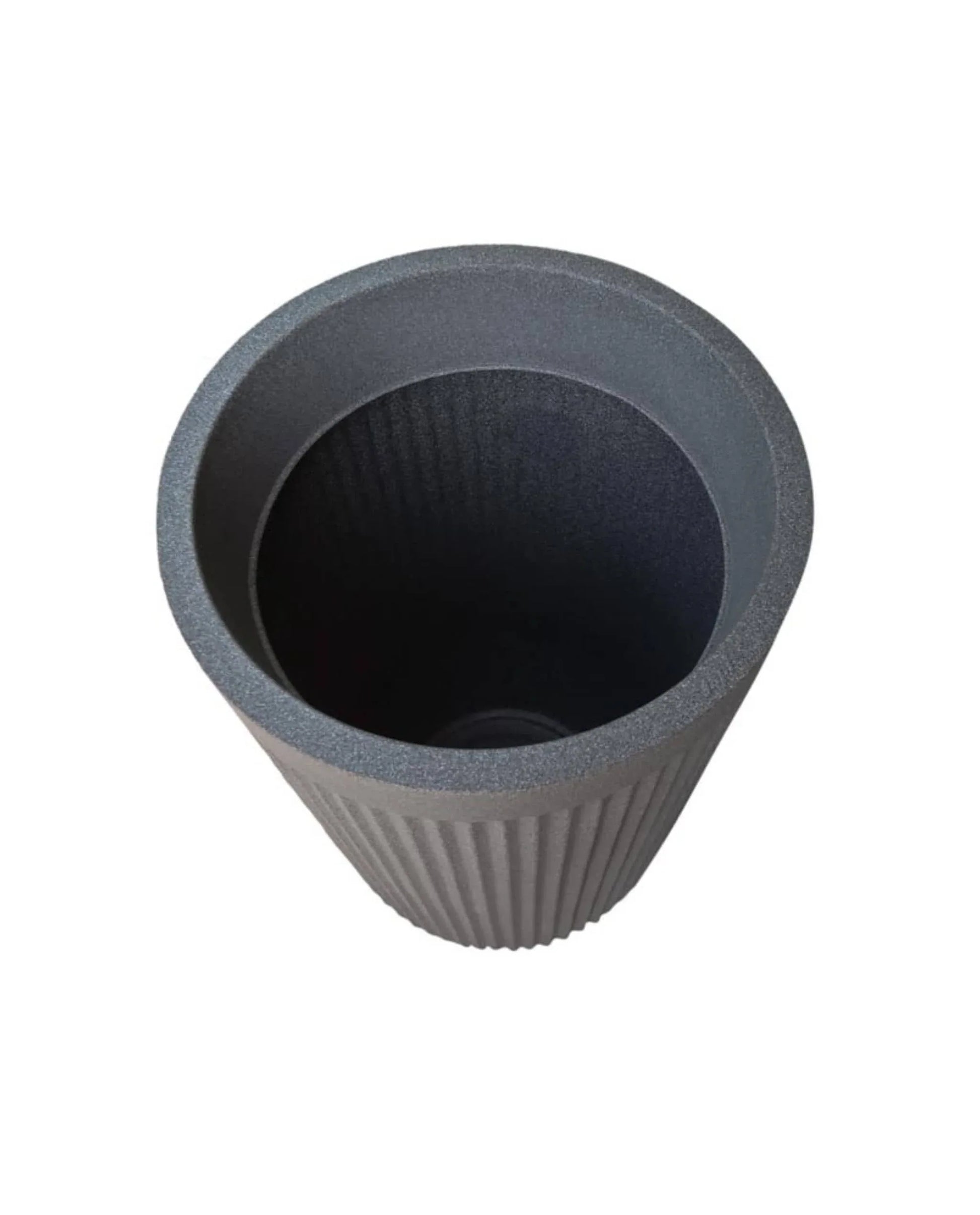 Aerial view into the tall flute planter by Japi showing the depth and the inside rim in the colour Charcoal. Florastyle by Hingham.