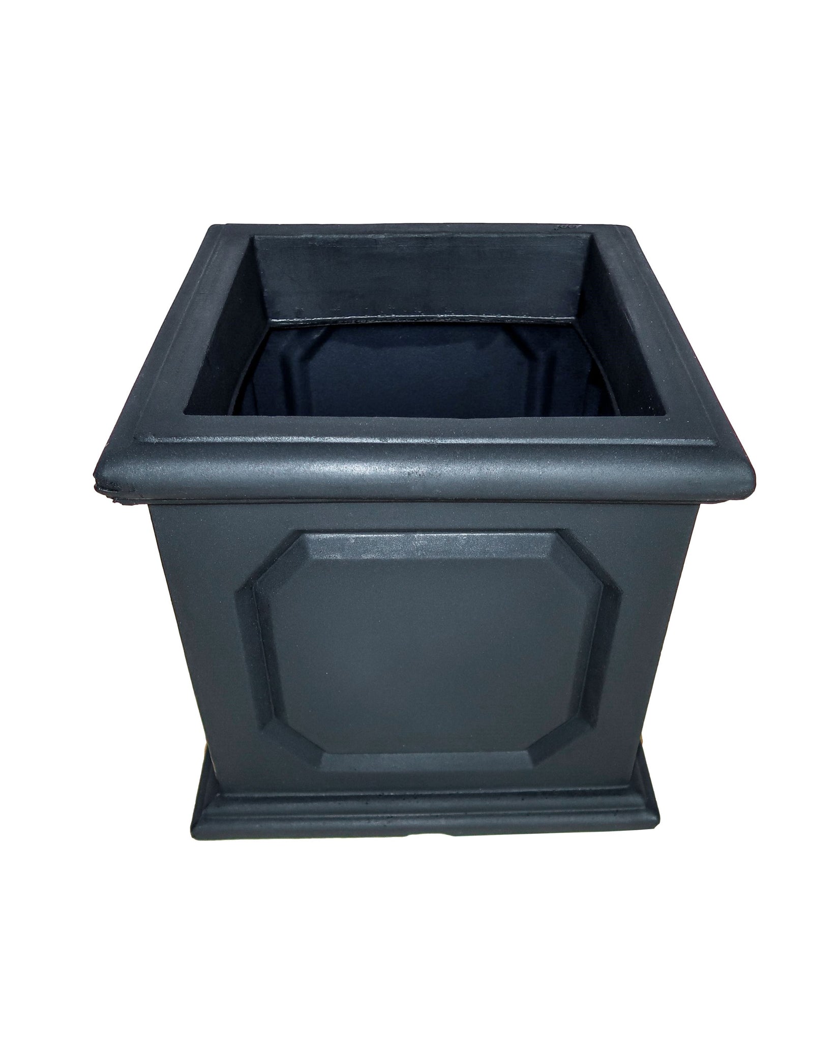 Slight angled view into modern classic versailles cube planter, showing the inside rim, colour Lead (black)
